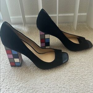 Colorful Block Heel Black Peep Toe Pumps